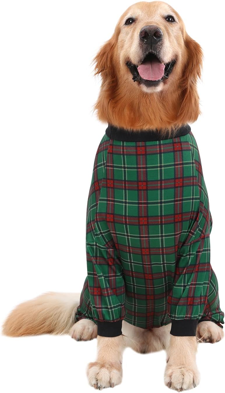 HDE Dog Pajamas One Piece Jammies Jumpsuit Pet Clothes Outfit Stretchy Lightweight Comfy Shirt Pjs for M-3XL Dogs Holiday Plaid - 3XL
