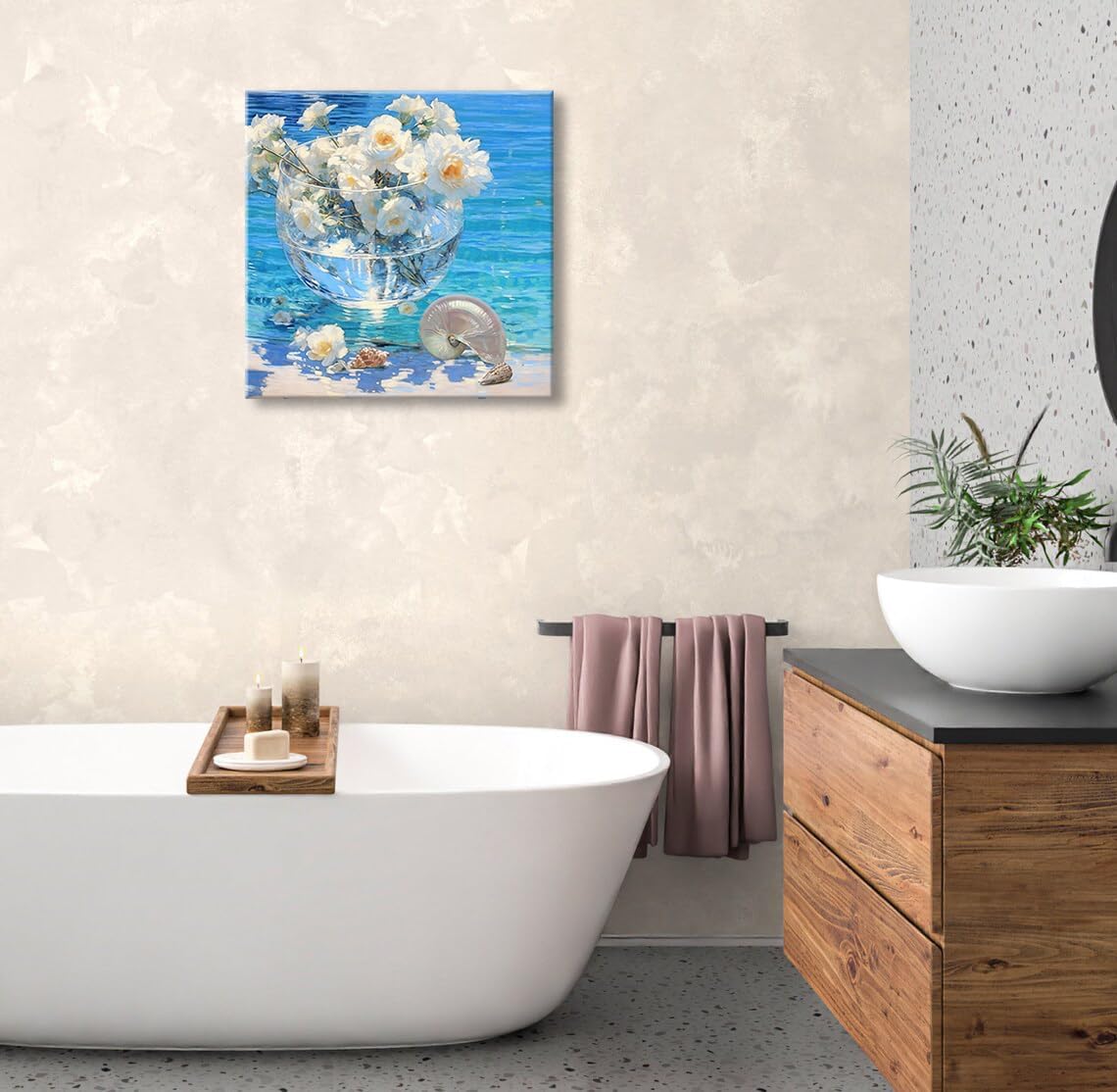 weiyiart Canvas Wall Art Beach White Flower Décor Wall Picture Blue Coastal Canvas Print Ocean Nautical Painting Seascape Vintage Artwork for Seaside Living Room Bedroom Bathroom Decor 14x14 inch