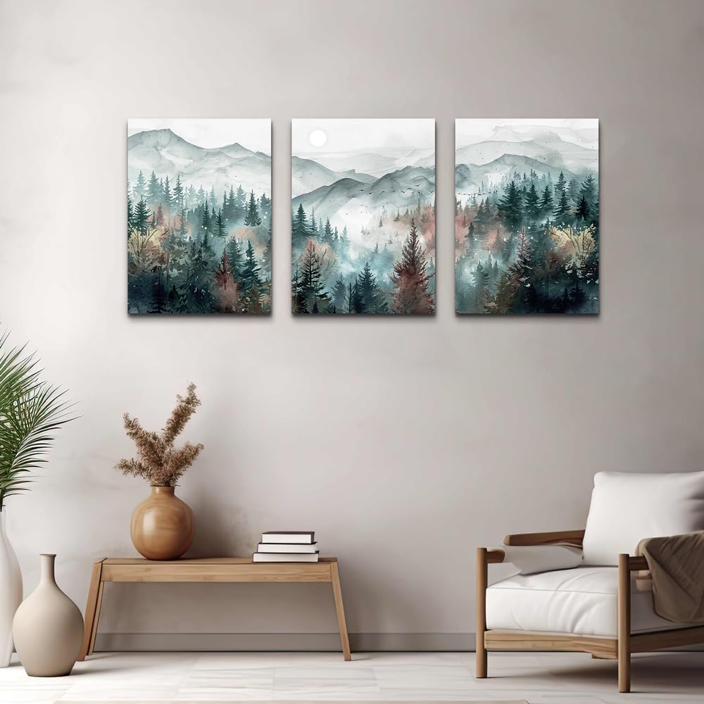 TTHYUEWS Farmhouse Wall Art For Living Room Canvas Wall Decor For Bedroom Wall Pictures for Office Fog Forest Mountain Landscape Watercolour Paintings Artwork Home Decorations Ready To Hang 3 Piece
