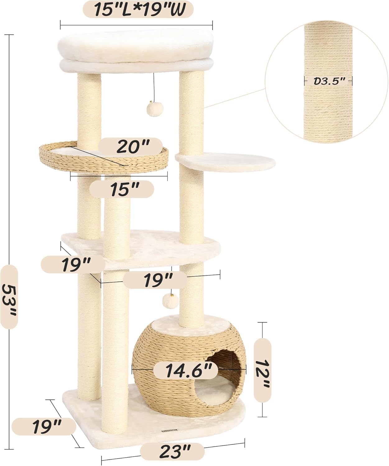 KAMABOKO Modern Cat Tree, 53" Cat Tower for Indoor Cats Natural Sisal Scratching Posts, Hand-Woven Condo & Top Perch, Cat Tree Tower for Kittens Climb Play & Rest