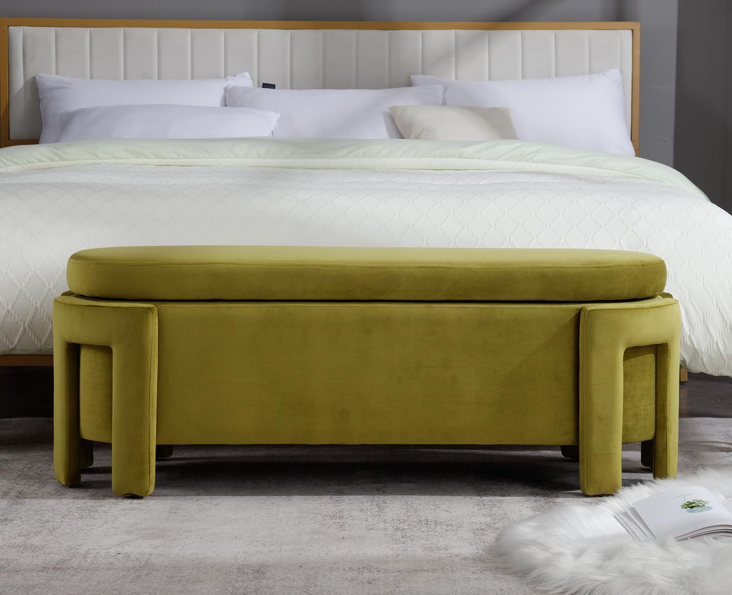 Kmax 50" Storage Ottoman Bench Modern Velvet Entryway Bench Comfy Upholstered End of Bed Bench for Hallway Entrance Bedroom Corner, Olive Green
