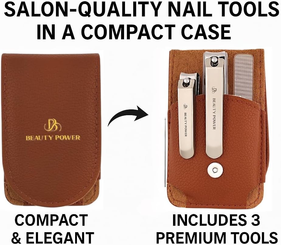 Nail Clippers Set 3 in 1 - Stainless Steel Toe Nail Clippers, Fingernail Clipper, Glass Nail File, Anti Splash, Ergonomic Grip in PU Leather Travel Case for Men & Women (Brown Case)