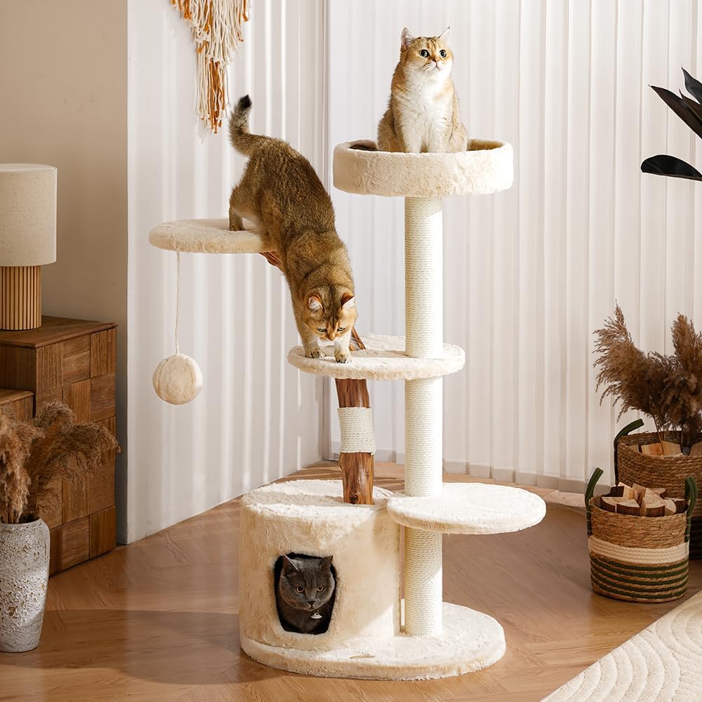 Unique Cat Tree for Indoor Cats,46‘’ Luxury Multifunctional Cat Tower with Natural Wood Scratching Post,Fur Cat Hammock and Viewing Platform,Funny Toy,Comfortable Cat Condo with Stable Cat Base