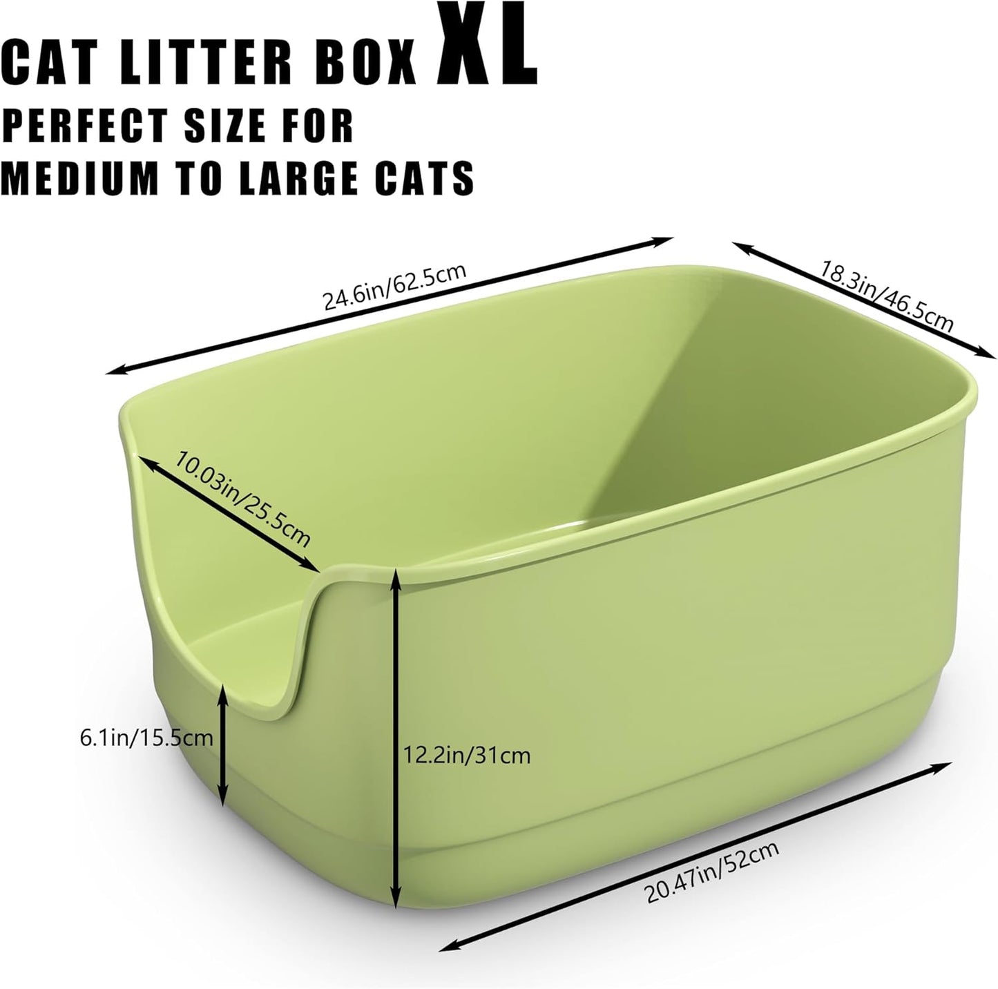 Gefryco Large Cat Litter Box with High Sided 24.6"x18.3"x12.2" - Jumbo Extra Large Open Anti - Splashing High Wall for Multiple Cats (Green)