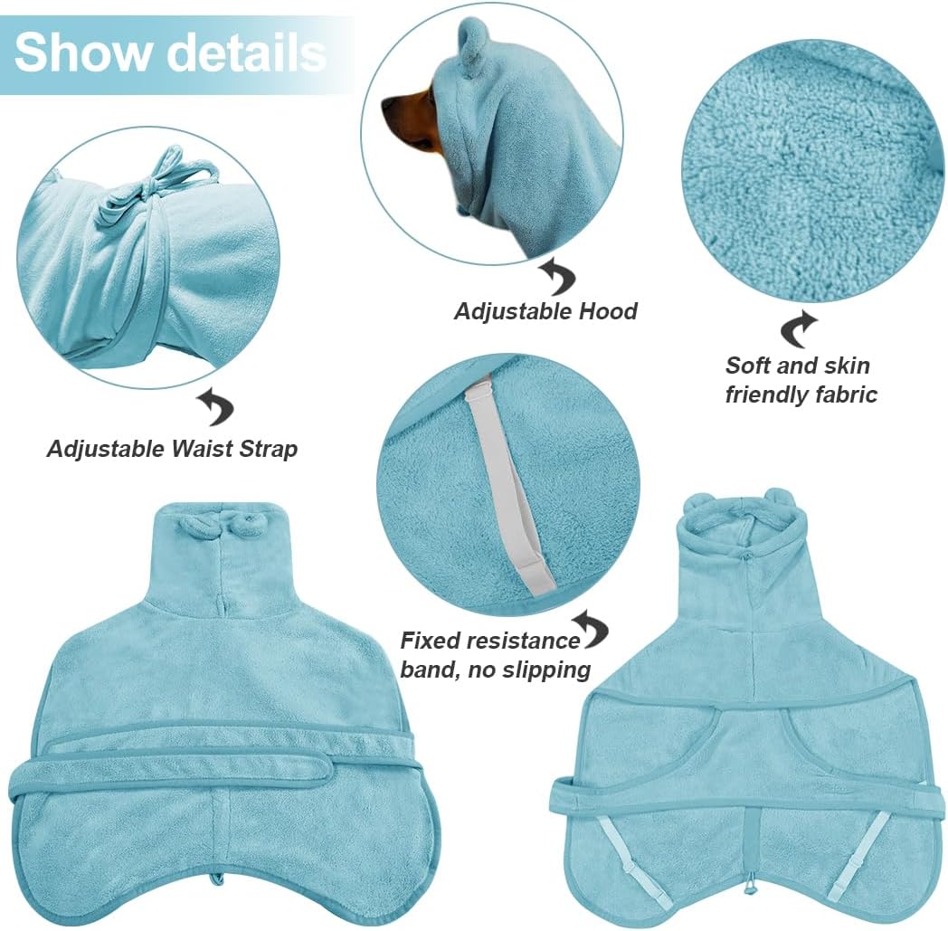 Medium to Large Size Dog Bathrobe, Quick Drying Super Absorbent Used for After Bathing, Warm Dog Towels, Adjustable Hoodies and Belts for Pet Dogs Bath Clothes Products (Blue, 3XL)