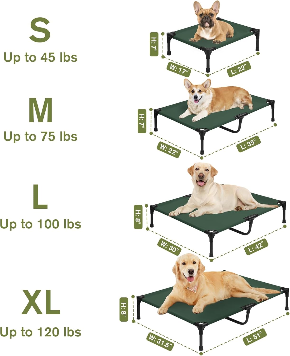 XL Elevated Dog Bed 51 Inch - Waterproof Raised Cooling Cot for 121lb Dogs, with Washable Breathable Mesh, All-Weather Outdoor Dog Bed with Non-Slip Feet, Green