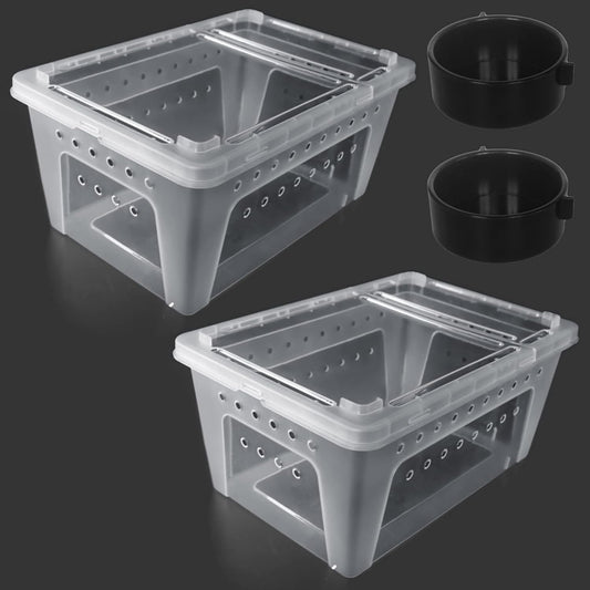 2 PCS Reptile Feeding Box Lizard Tarantula Habitat Cage Hatching Container Snake Breeding Box Transparent Portable Plastic Mini Pet Houses for Scorpion Spider Frog
