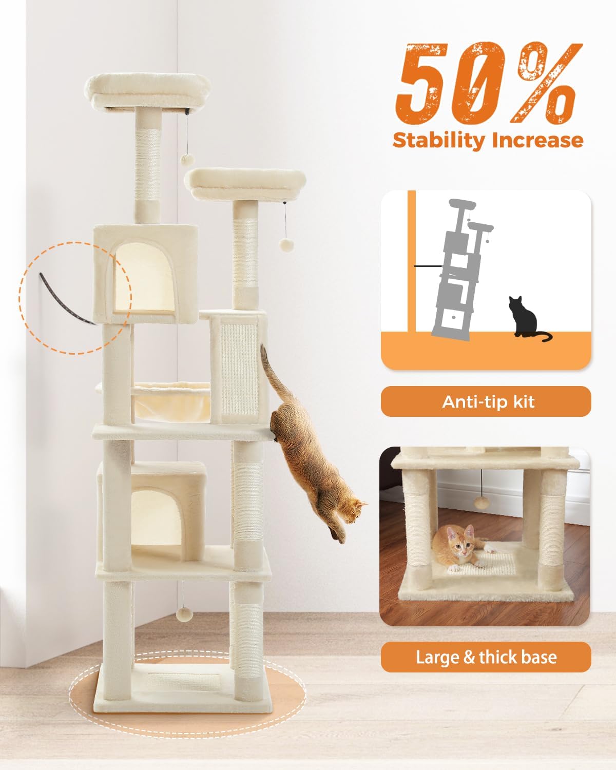 PAWZ Road 70 Inch Cat Tower, Tall Cat Tree with 2 Cozy Condos, 2 Plush Perch, Large Basket, 2 Scraching Pad & 6 Scraching Posts for Indoor Cats Large Adult, Beige