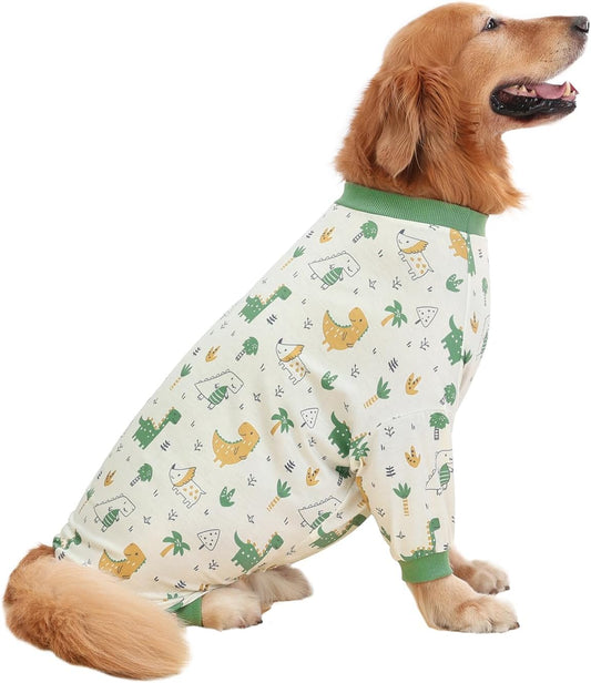 HDE Dog Pajamas One Piece Jammies Jumpsuit Pet Clothes Outfit Stretchy Lightweight Comfy Shirt Pjs for M-3XL Dogs Forest Dinos - 2XL
