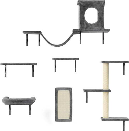 NUNU LAB Cat Wall Shelves, 6 Pcs Luxury Wall-Mounted Cat Climber Set, Indoor Cat Furniture with 1 Condos House, 2 Cat Wall Shelves, 1 Scratching, 1 Bridge Ladder, 1 Scratching Pad, Dark Gray