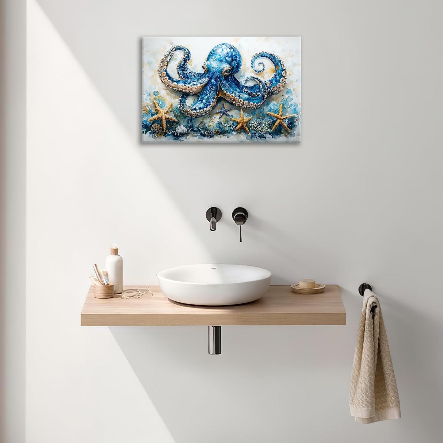 Octopus Bathroom Pictures Wall Art, Sea Animal Ocean Bathroom Wall Decor, Nautical Framed Painting Canvas Artwork for Bedroom Living Room Decorations 24"L x 16"W