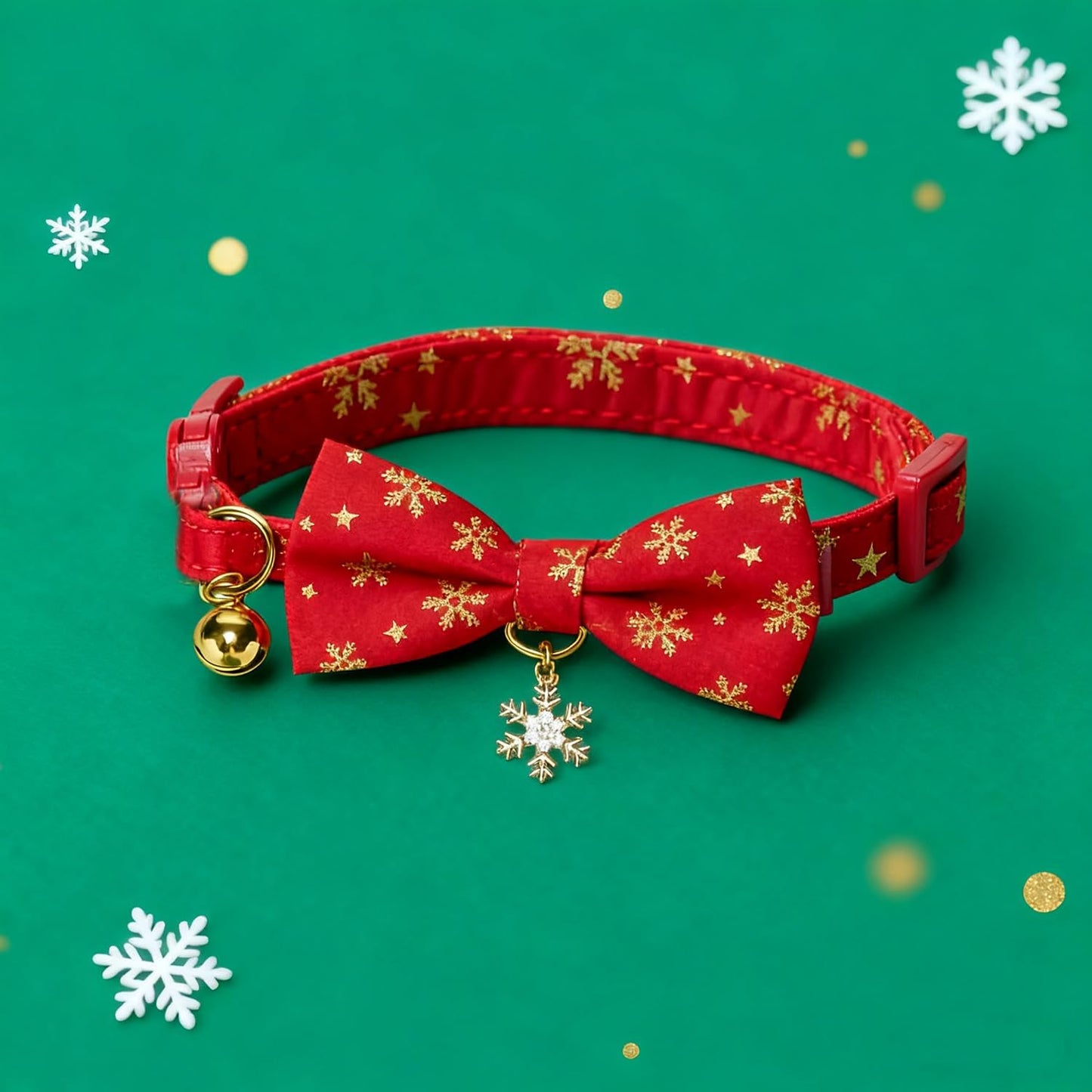 Christmas Cat Collar 2 Pack Cotton Bowtie Cat Collars Glittery Snowflakes Cute Kitten Collar(Red+Green)