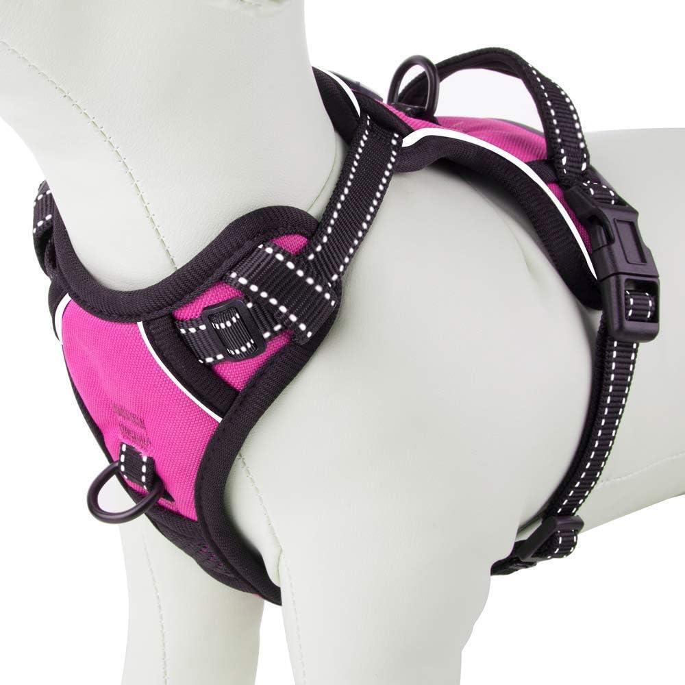 PHOEPET Reflective Dog Harness No Pull Large Breed Vest with 2 Metal Leash Attachment Hooks(L, Pink)