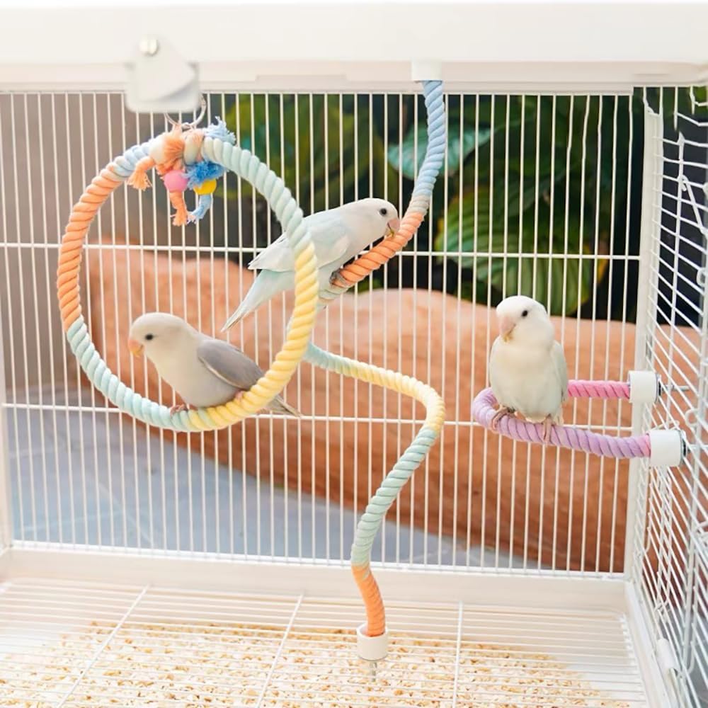 Gradient Colorful Cotton Rope Bird Swing Cage Hanging Toys for Birds Like Parakeets Parrots Cokatiel Budgies Bite Resistance Perch Stand Toys Bird Cage Accessories Perches
