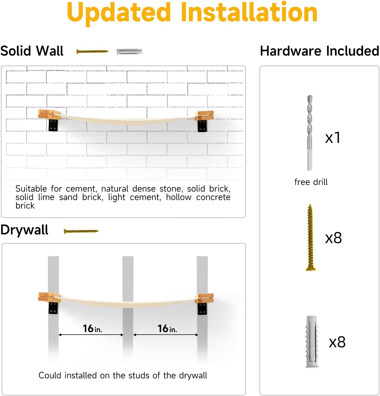 FUKUMARU Cat Wall Furniture, 34 x 13 inch Cats Hammock Shelves, Rubberwood Kitten Window Perch, Easy DIY Installation