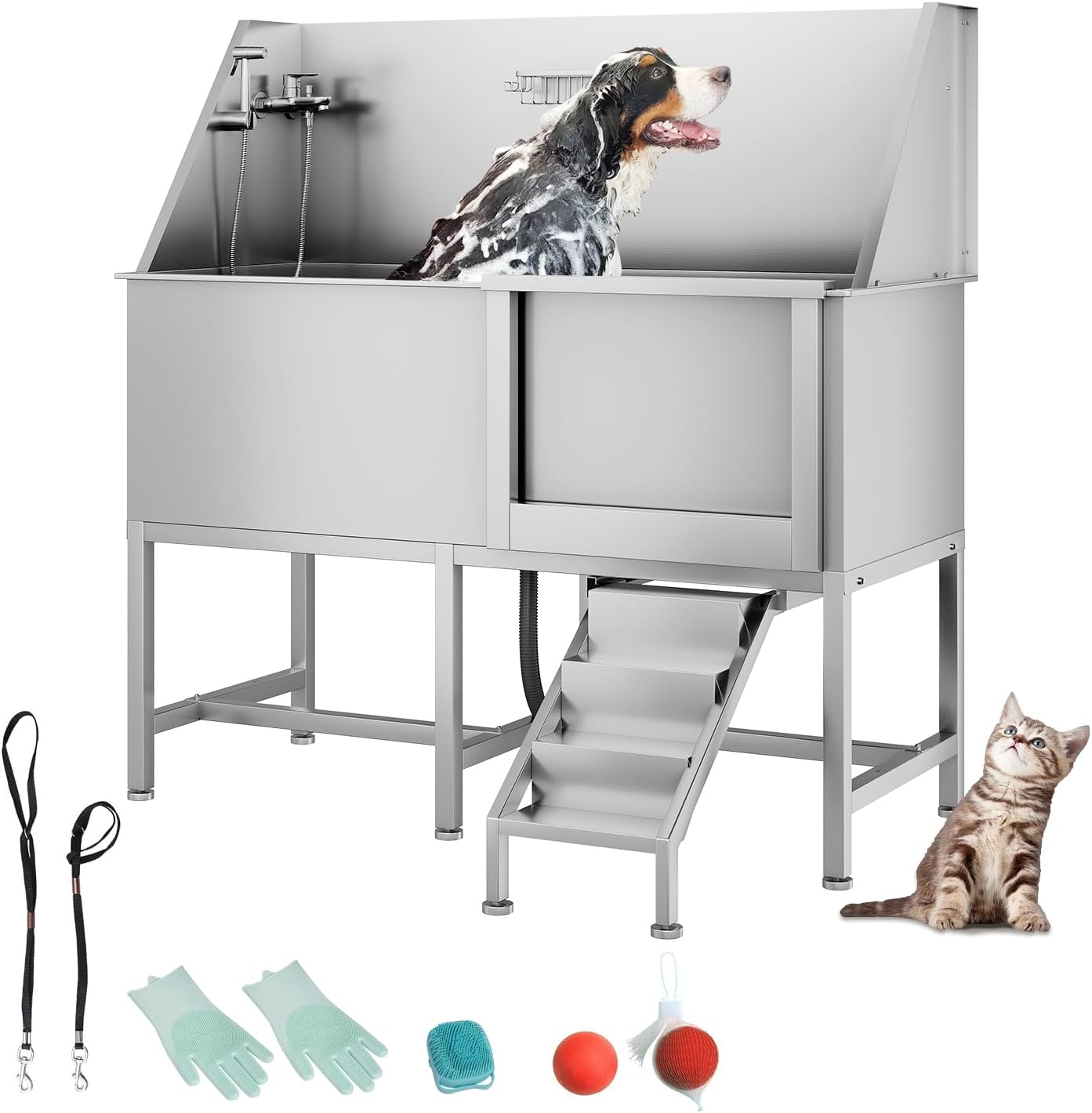 50" Pet Dog Bathing Station, Stainless Steel Dog Bathtub W/Ramp, Floor Grate, Dog Bath Brush, Washing Gloves for Home, Professional Dog Washing Station for Pets (50 Inch Left Door)