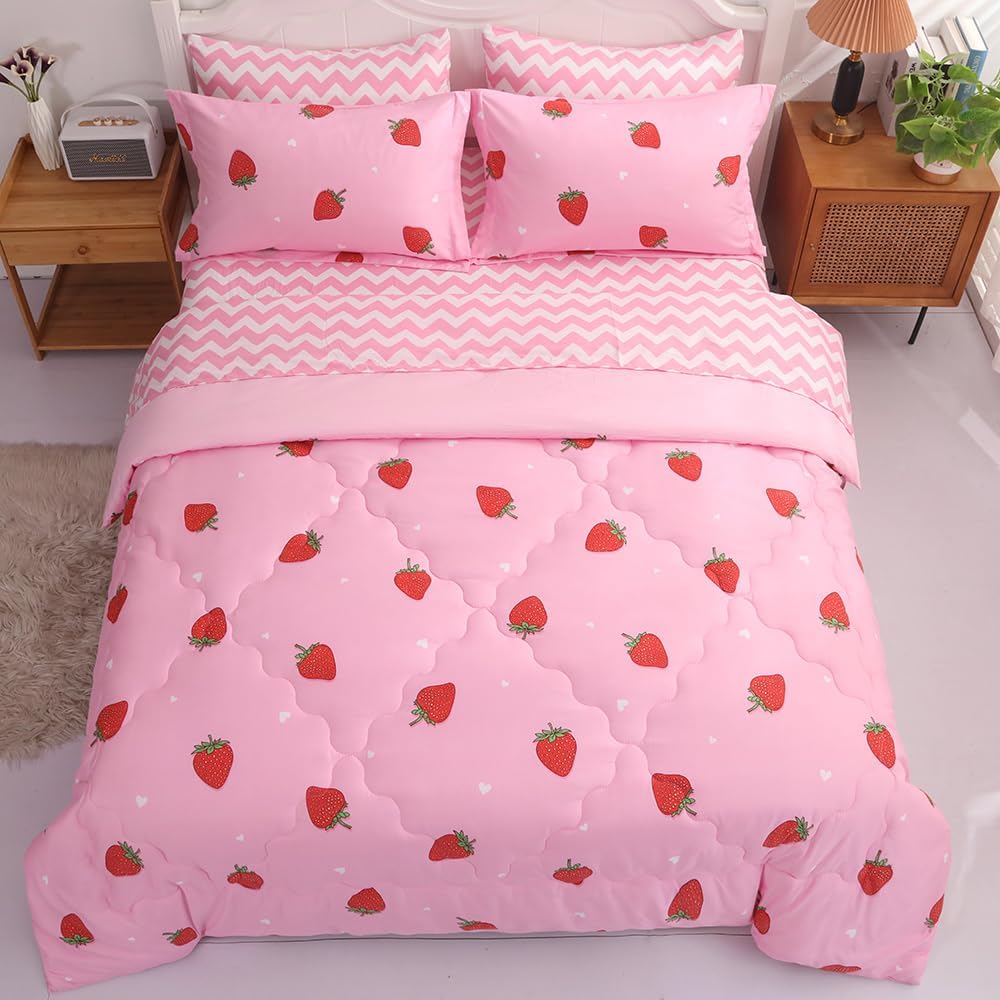 Girls Strawberry Comforter Set Queen Size - 7 Piece Bed in A Bag Bedding Set for Kids Teens - All Season (1 Comforter,1 Flat Sheet,1 Fitted Sheet and 4 Pillow Sham) Pink