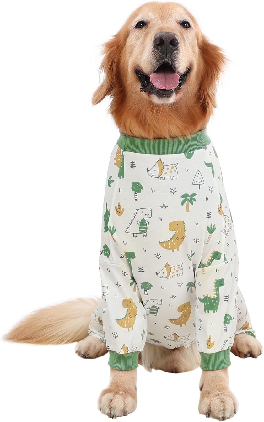 HDE Dog Pajamas One Piece Jammies Jumpsuit Pet Clothes Outfit Stretchy Lightweight Comfy Shirt Pjs for M-3XL Dogs Forest Dinos - 3XL