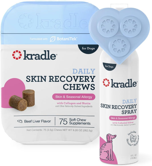 Kradle Skin Recovery Chews for Dogs - Biotin Collagen Zinc + Anti-Itch Spray - Soothes Environmental Skin Irritation - 75 Chews + 4oz Spray