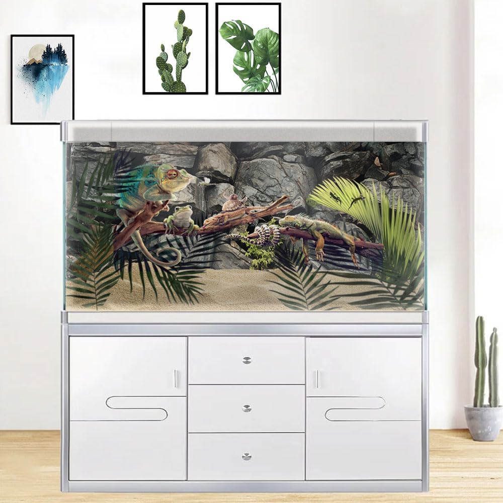 36X18IN Stone Aquarium Background, Rock Fish Tank Background, Natural Rocky Glass Terrarium Background with 8 EVA Double-Sided Tape