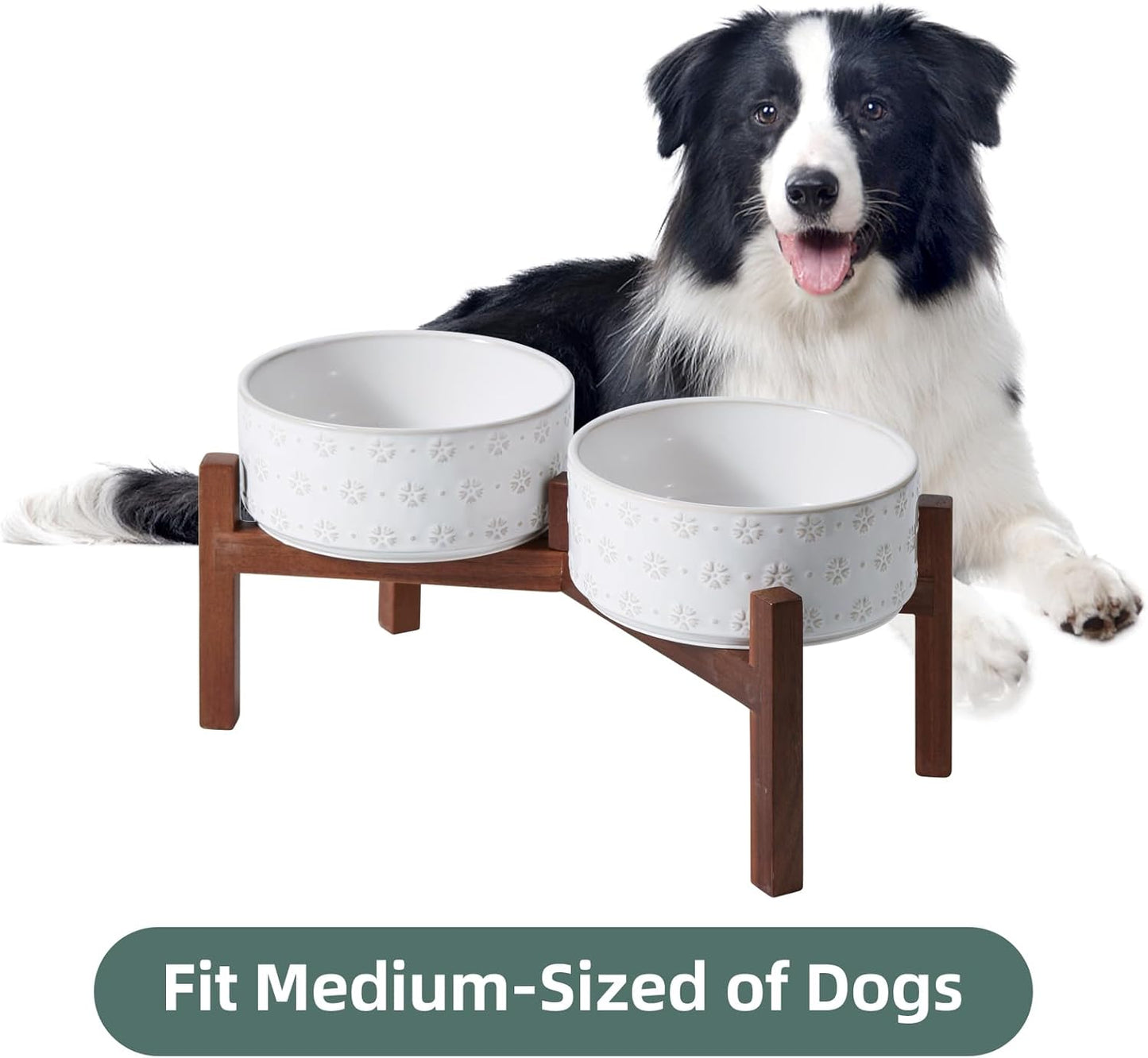 7.3inch Ceramic Raised Double Bowls Set with Acacia Wood Stand, Food & Water Bowls for Medium Breed Dogs, Weighted Dog Dishes, Pet Bowl(41OZ, Arctic White)