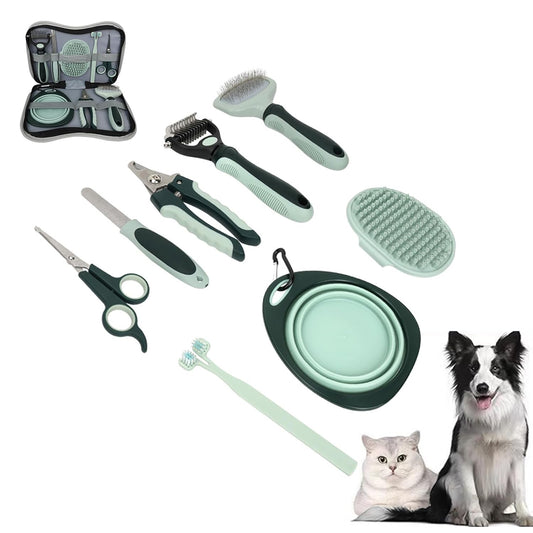 8-in-1 Pet Grooming Kit for Dogs & Cats - Includes Slicker Brush, Nail Clippers, Comb, Scissors, Toothbrush & Collapsible Bowl - Deshedding, Hair Trimming & Care Set, Travel Bag