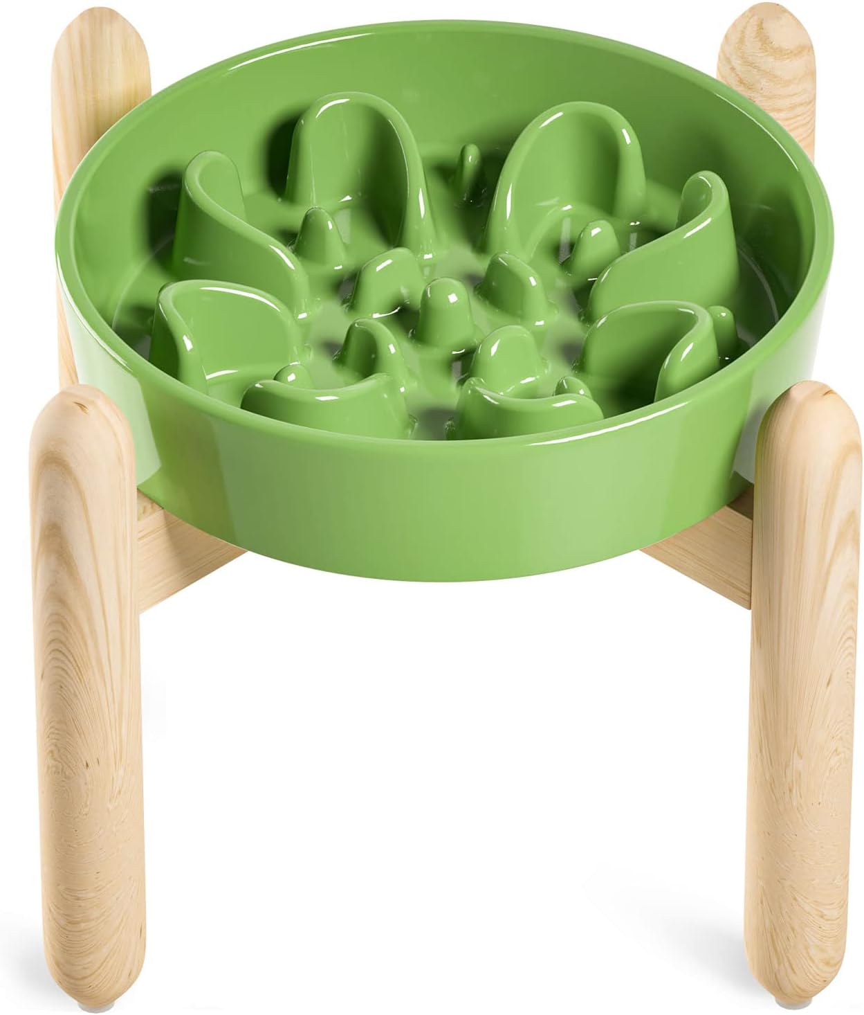 LE TAUCI Ceramic Slow Feeder Dog Bowls Elevated for Small and Medium Breed, Dog Bowls with Wooden Stand, 1.5 Cups Pet Dishes to Slow Down Eating, Anti-Gulping Pet Feeding Dishes, Clover Green