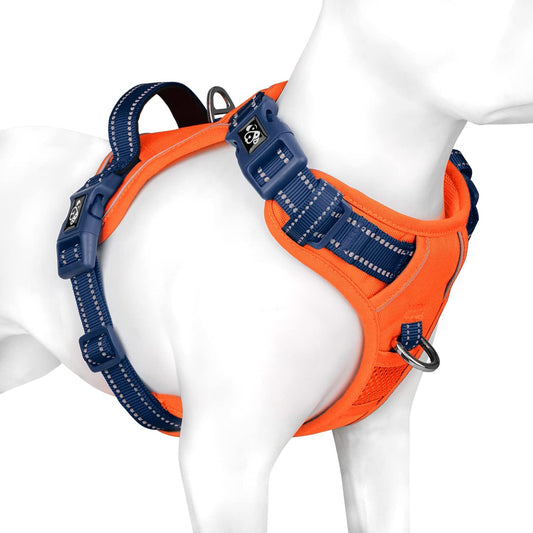 PHOEPET No Pull Dog Harness, Unique Colors Reflective Adjustable Dog Vest, with Soft Training Handle Metal Clips for Small Medium Large Dogs (Orange Base & Blue Straps,XL)