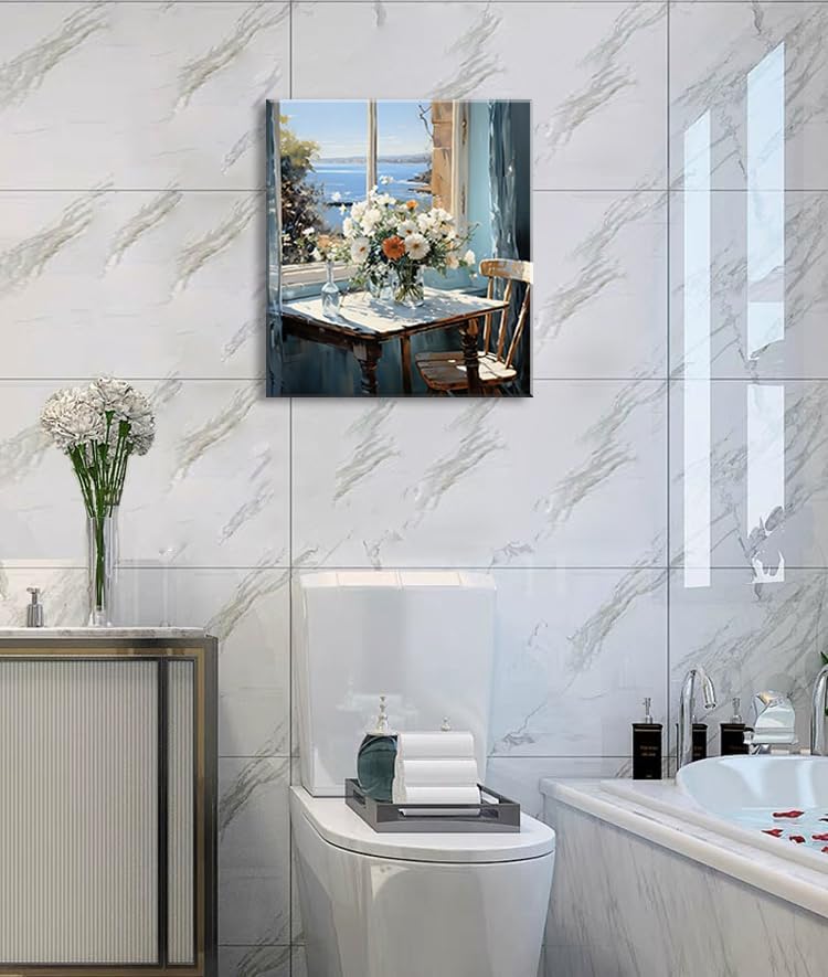 weiyiart Wall Art for Bathroom Decor Coastal Floral Canvas Print Painting Daisy Flowers Sea Picture Farmhouse Ocean Seascape Artwork for Home Living Room Bedroom Office 12x15inch