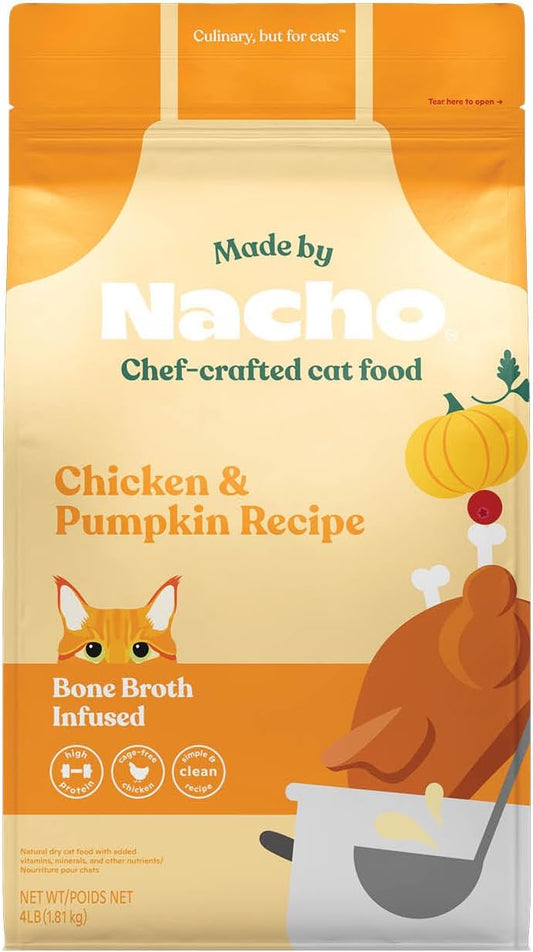 Made by Nacho Dry Cat Kibble 4lb Bag, High Protein and Grain-Friendly Premium Cat Food, Cage-Free Chicken & Pumpkin Recipe, Infused with Bone Broth for Hydration, Limited Ingredients, Single Bag