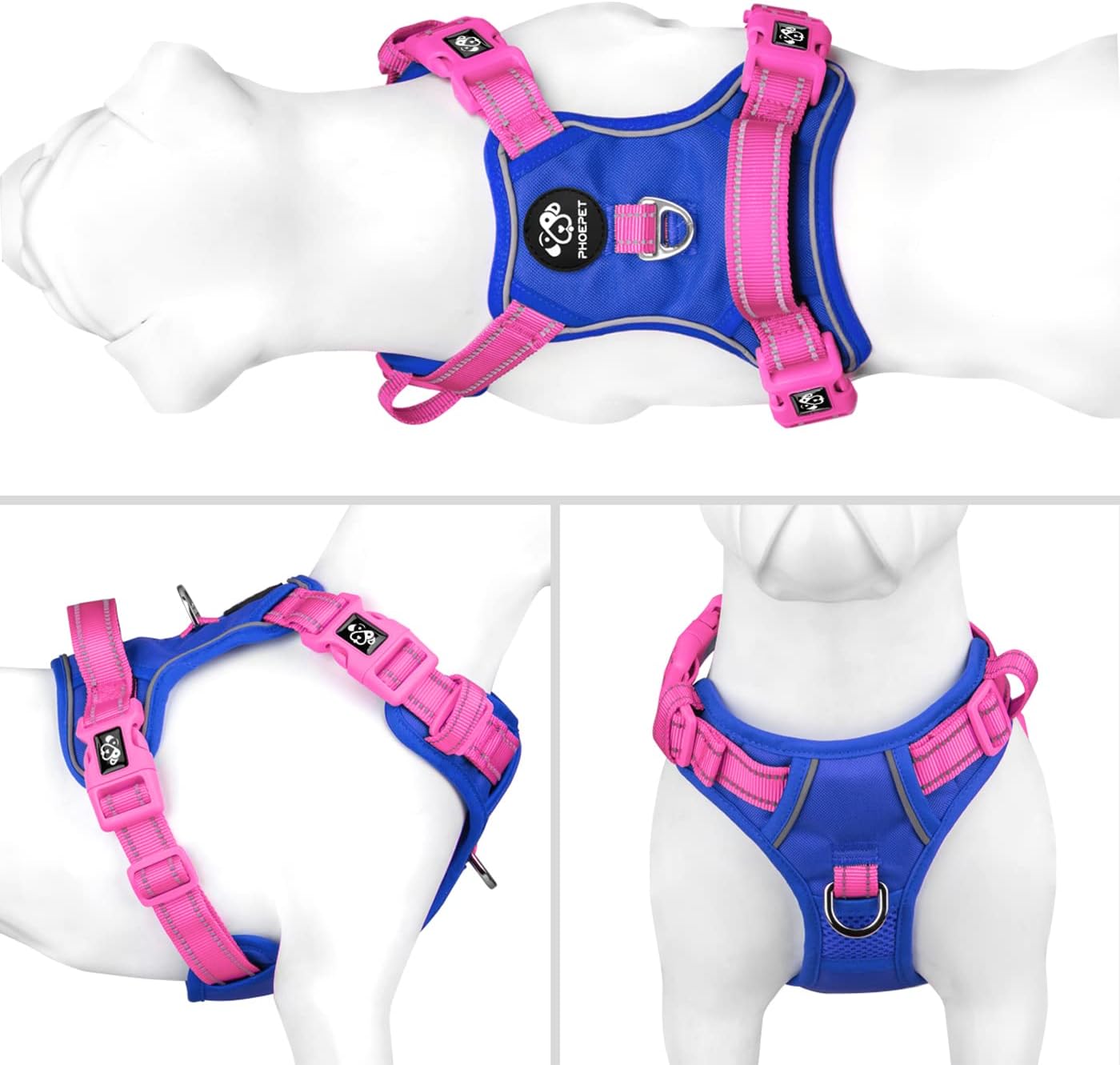 PHOEPET No Pull Dog Harness, Unique Colors Reflective Adjustable Dog Vest, with Soft Training Handle Metal Clips for Small Medium Large Dogs (Royal Blue Base & Pink Straps,S)