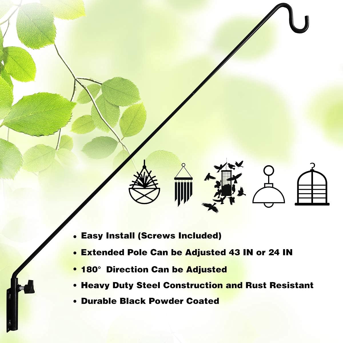 MIXXIDEA Heavy Duty Extended Reach Wall Mounted Deck Hook Wall Pole,Bracket Direction and Length Adjustable Plant Bracket for Bird Feeders, Planters, Suet Baskets, Lanterns, Wind Chimes,Black