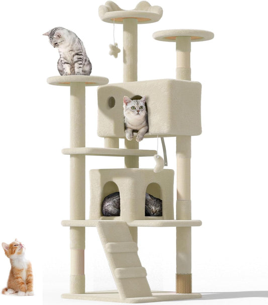 60'' Cat Tree Tower for Indoor Cats Large Adult,Cute/Tall Modern Cat Tree for Big Cats 20 lbs, Plush Multi-Level Cat Condo with Scratching Posts, Dangling Ball Indoor (Beige, 60 inch)