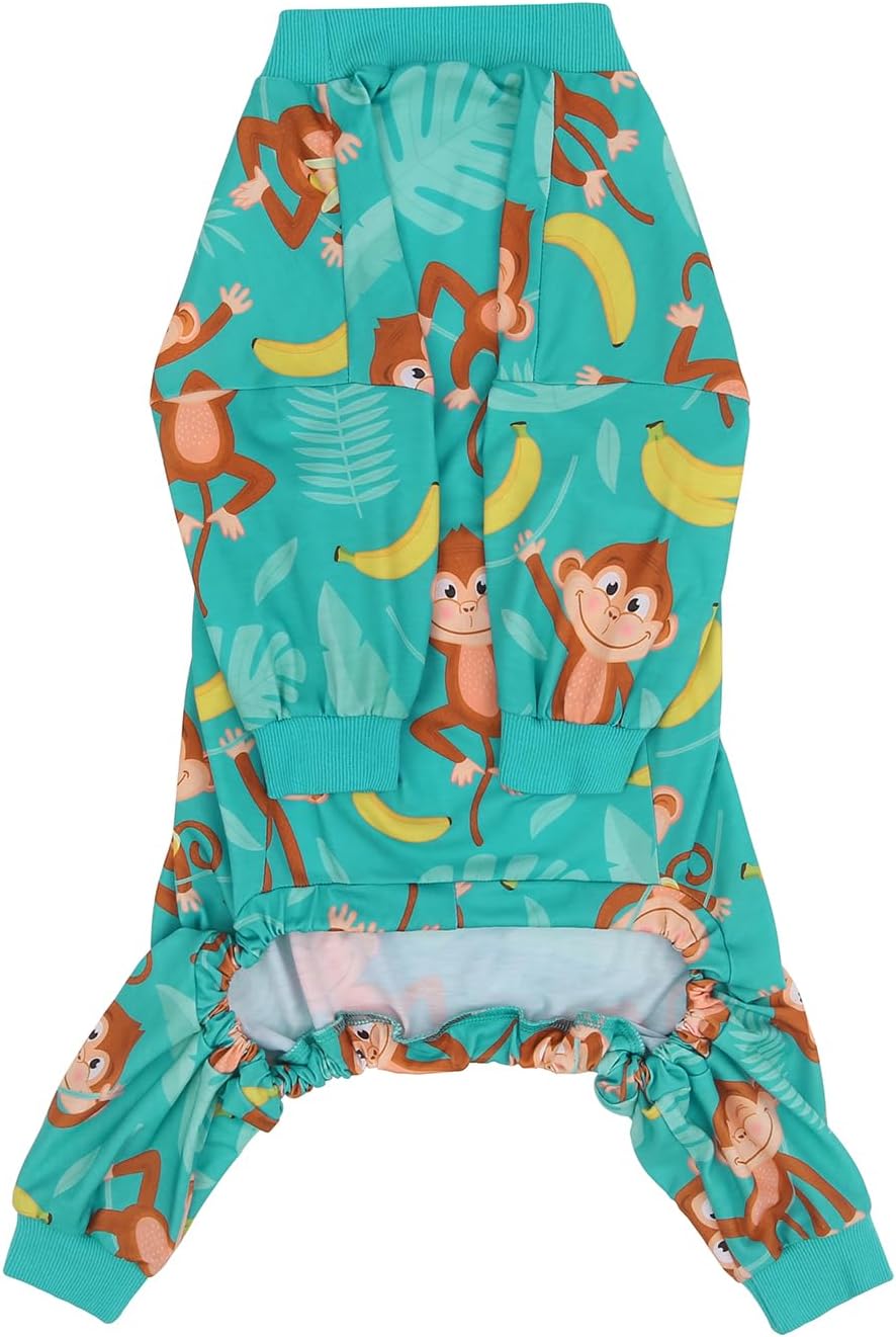 HDE Dog Pajamas One Piece Jammies Jumpsuit Pet Clothes Outfit Stretchy Lightweight Comfy Shirt Pjs for M-3XL Dogs Monkeying Around - 2XL