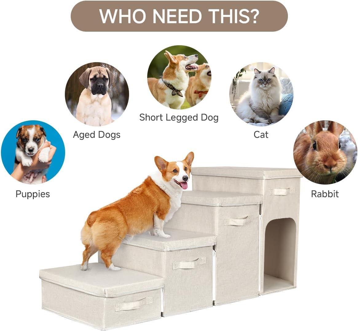 Dog Stairs with Storage, Folding Pet Steps with Zip for Small Dogs and Cats, 4-Step Pet Stairs with Pet House for High Bed, Couch and Car Ramp, Up to 200 Lbs (Beige, 4 Steps with Condo)