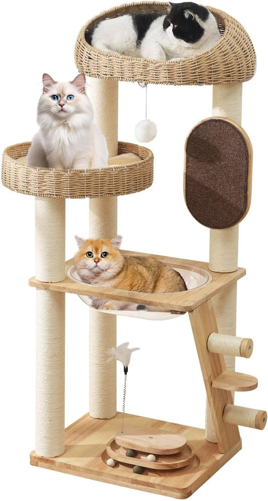 Solid Wood Cat Tree, 50 Inch Modern Cat Tower with Space Capsule, Hand-Woven Basket Nest, Sisal Posts & Scratching Board, Heavy-Duty Multi-Level Indoor Tower