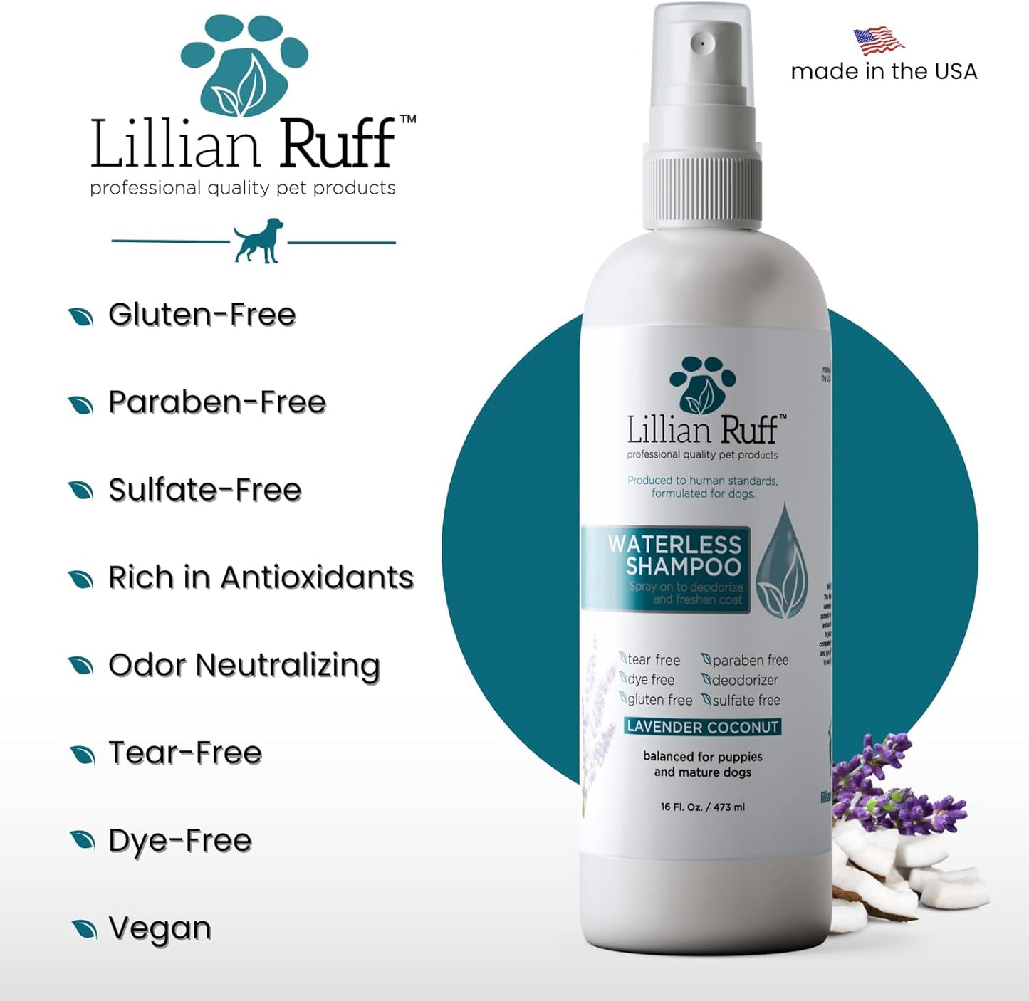 Lillian Ruff Waterless No-Rinse Dog Dry Shampoo Spray with Hydrating Essential Oils - pH-Balanced Dry Shampoo for Dogs - Clean, Condition, Detangle & Deodorize Dry, Sensitive Skin (16oz/Brush)