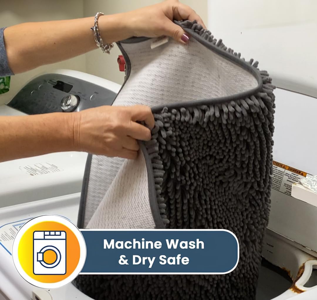 Muddy Mat® AS-SEEN-ON-TV Highly Absorbent Microfiber Door Mat and Pet Rug, Non Slip Thick Washable Area and Bath Mat Soft Chenille for Kitchen Bathroom Bedroom Indoor and Outdoor - Grey 3ft x 8ft