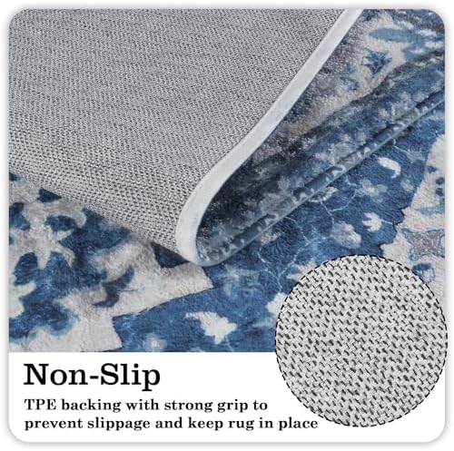 Uphome Vintage Bathroom Rug Blue Boho Non-Slip Bathroom Mat Oriental Soft - Image 3
