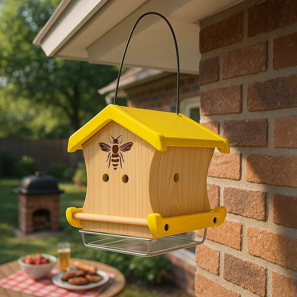 Carpenter Bee House for Outside, Wood Beetrap for Outdoors Insect House Hotel for Garden Stainless Cable Bee Box Without Bottle 2025 New Heavy Duty