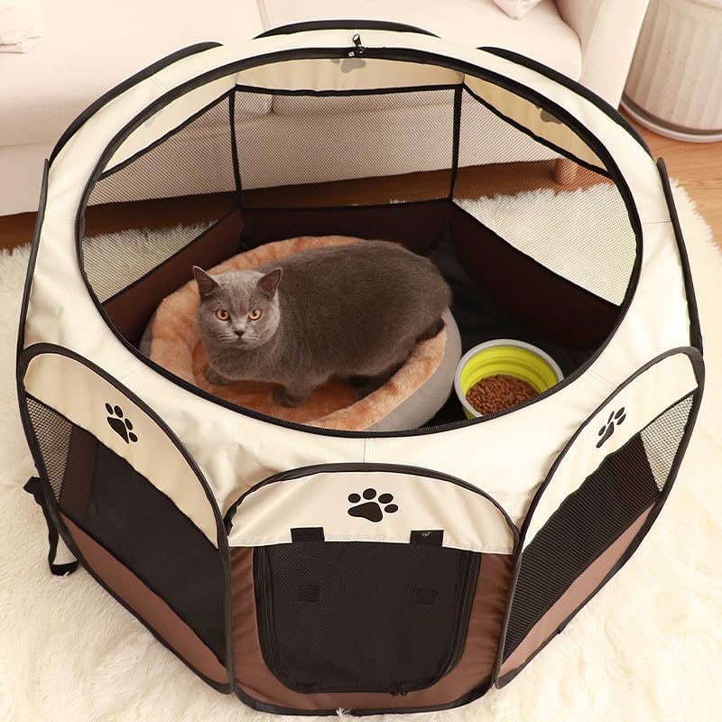 Cat Playpen for Indoor and Outdoor Cats Collapsible Enclosed, Portable Cat Tent, Cat, Puppy Crate Cage (Coffee, Standard, Octagon)