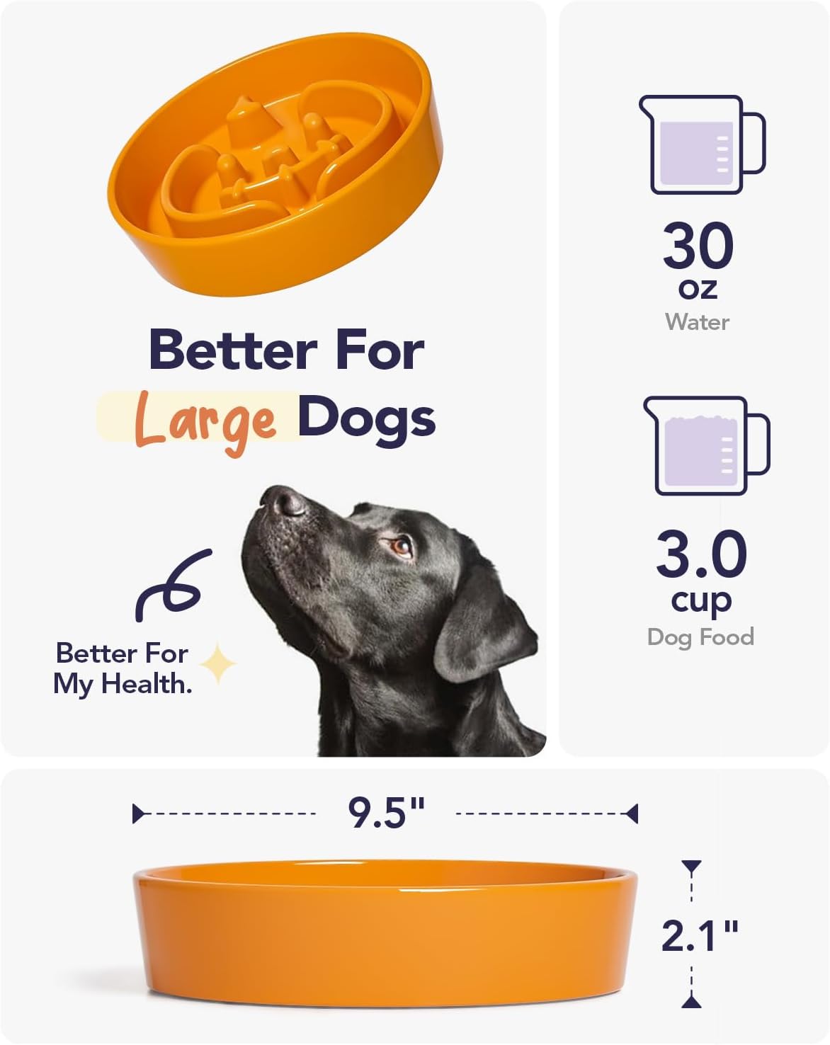 LE TAUCI Ceramic Puzzle Feeder Elevated 3 Cup with Wood Stand for Small Medium Dog & Puppy, Fast Eater Raised Dish Pumpkin Orange
