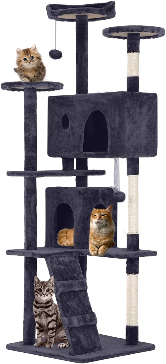 70 Inches Cat Tower for Indoor Cats, Multi-Level Cat Condos with Scratching Posts, Hanging Toys, Ashy