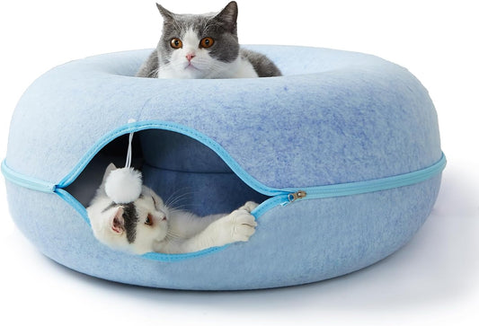 Jia Xi Cat Tunnel Bed and Hideout, Large Indoor Cat Condo with Cave (24 inch, Blue)