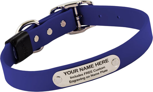 Biothane Custom Dog Collar – Waterproof, Stink-Proof Personalized Collar with Name & Phone Number – Durable, Many Sizes and Colors – Assembled in USA (Royal Blue)