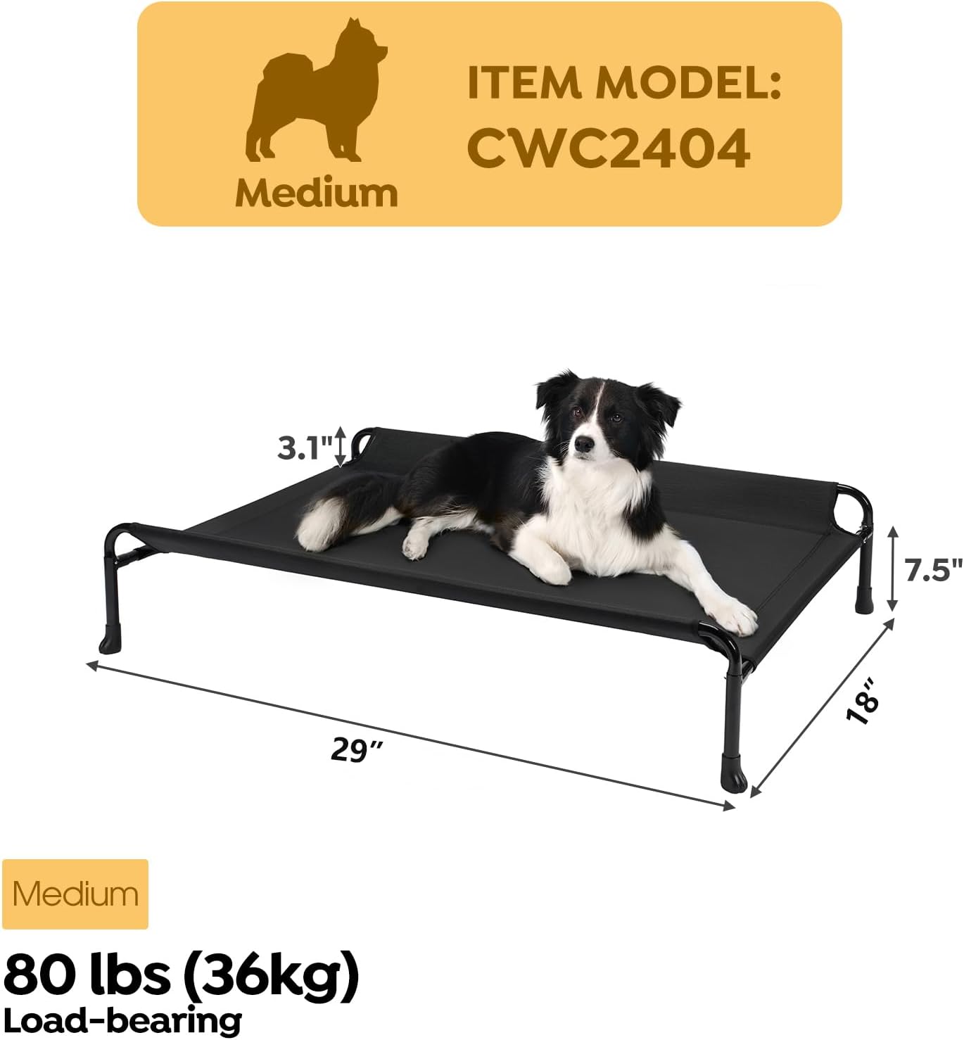Veehoo Elevated Dog Bed, Cooling Raised Dog Bed with Guardrail & Headrest, Upgraded Non-Slip Silicon Feet, Breathable Teslin Mesh, Portable Pet Cot for Indoor and Outdoor, 29 x 18 Inches, Black