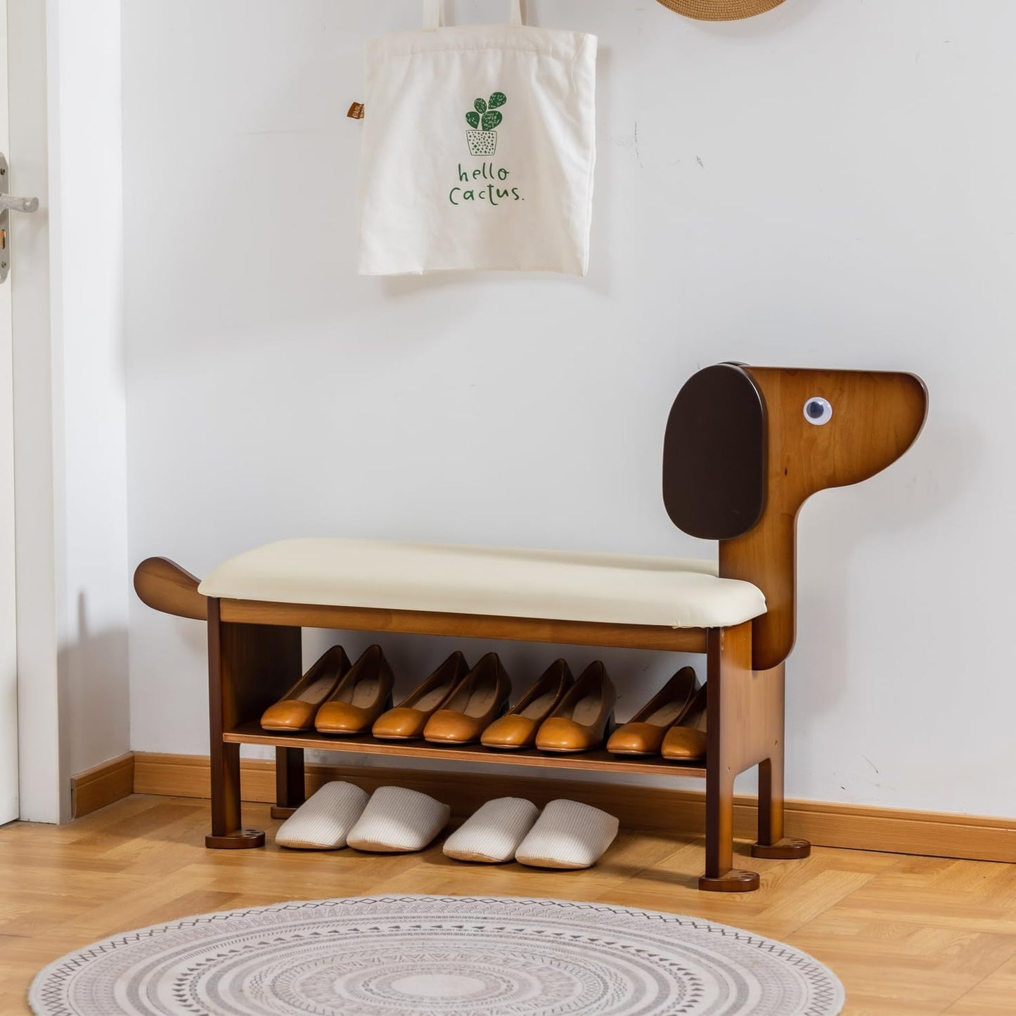 latifolia Puppy Shoe Bench, 2-Tier Solid Wood Entryway Organizer, Cute Pet-Shaped Shoe Bench for Hallway & Living Room,(31.50 inch)