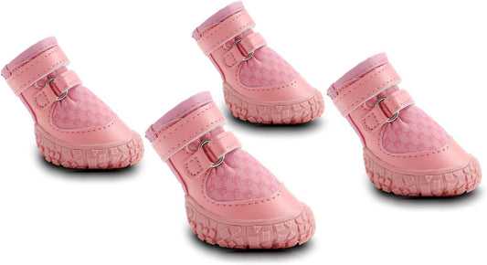 Dog Shoes for Small Dogs, Double Binding Straps Puppy Boots & Paw Protectors for Summer Hot Pavement, Winter Snow, Dog Booties with Anti-Slip Rubber Soles for Beach Hardwood Floor Pink Size 3
