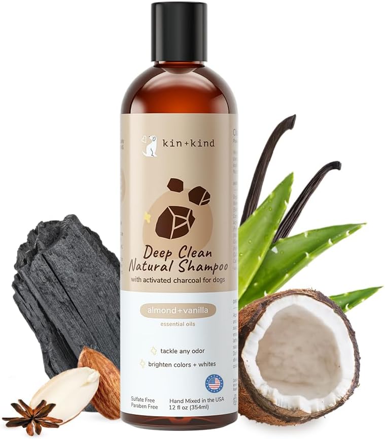 kin+kind Dog Shampoo with Activated Charcoal - Deep Clean Deodorizing Dog Shampoo for Dirt, Odor & Itch Relief - Gentle Grooming Pet Supplies with Natural Aloe, Almond & Vanilla 12 fl oz