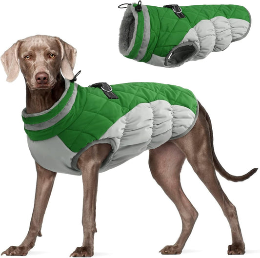 FUAMEY Dog Coat for Large Dogs,Waterproof Dog Winter Jacket with Harness Built in Puppy Cold Weather Coats Reflective Pet Vest with Zipper Warm Fleece Dogs Snowsuit Windproof Green L